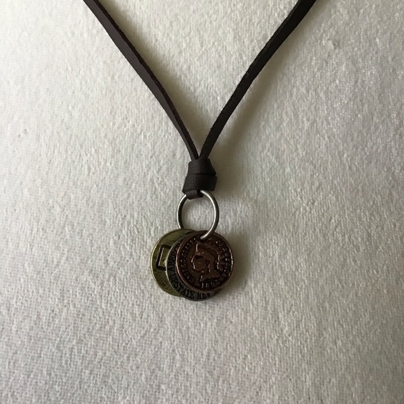 NEW Leatherette ADJUSTABLE Necklace 3 Faux Coins Surfer Boho Style Unisex Slide - Picture 3 of 13